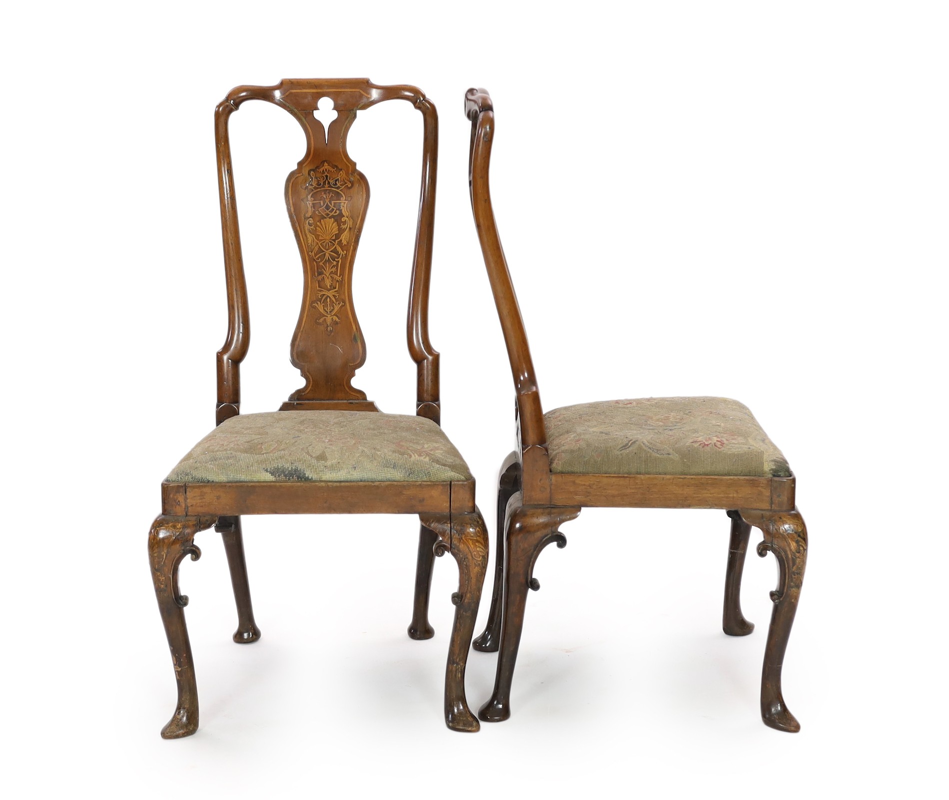 A pair of George I walnut and marquetry side chairs, c.1720, Restorations
